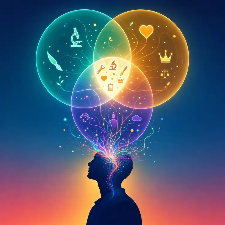 Editorial illustration of three-dimensional career fit: three overlapping translucent circles for your interests, your work values and your personality, with career symbols gathering brightest in the small area where all three overlap