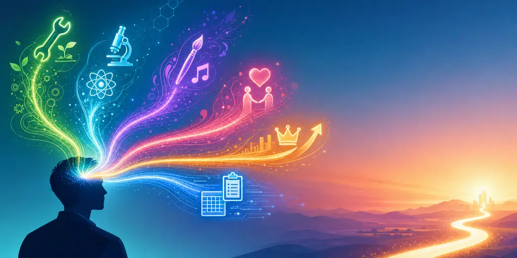 Editorial illustration of the six RIASEC career interest types as luminous coloured threads spilling from the mind of an abstract silhouette: green for hands-on Realistic work, cyan for Investigative, violet for Artistic, pink for Social, amber for Enterprising and blue for Conventional, converging into a single path toward the horizon