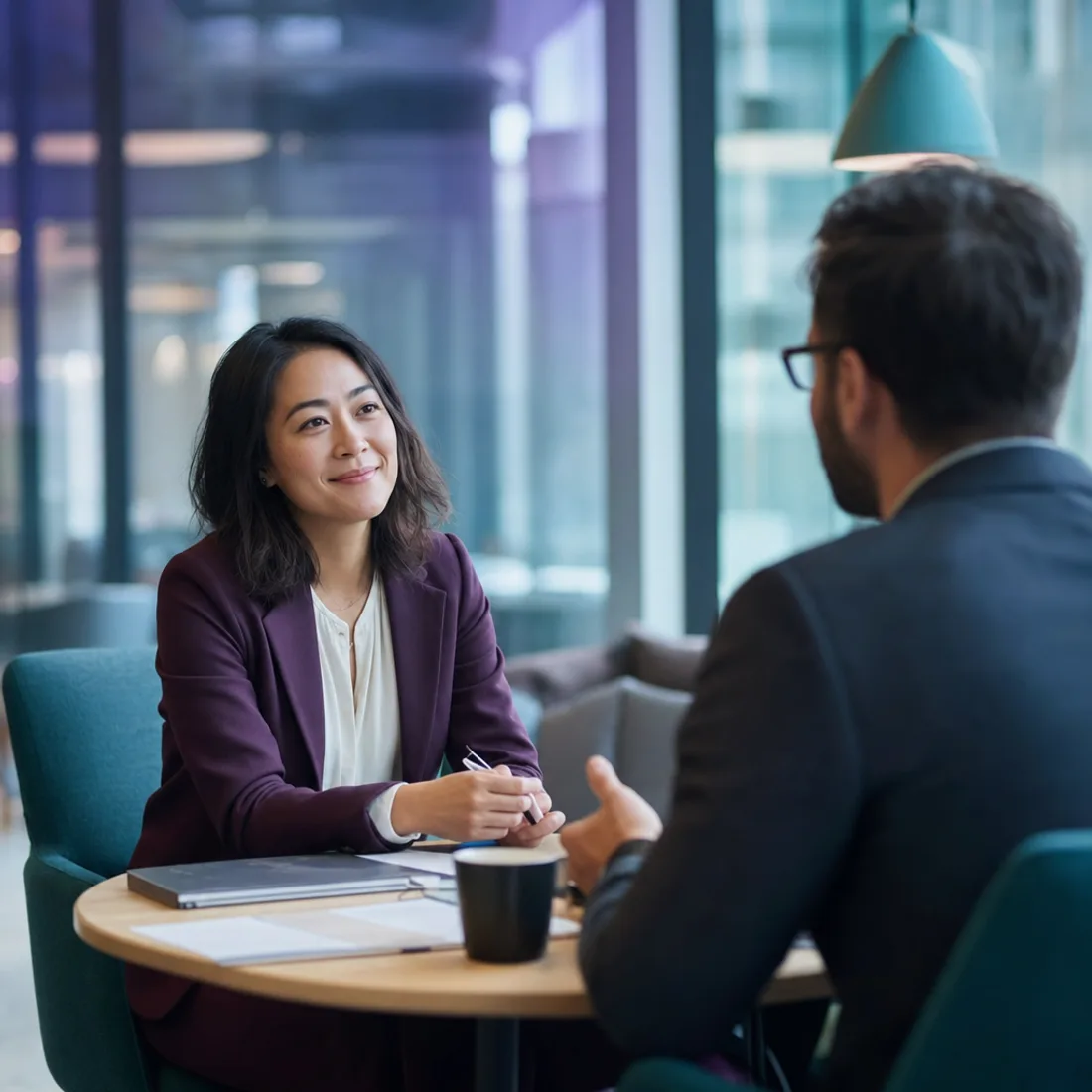Two colleagues in a warm, focused interview conversation across a table