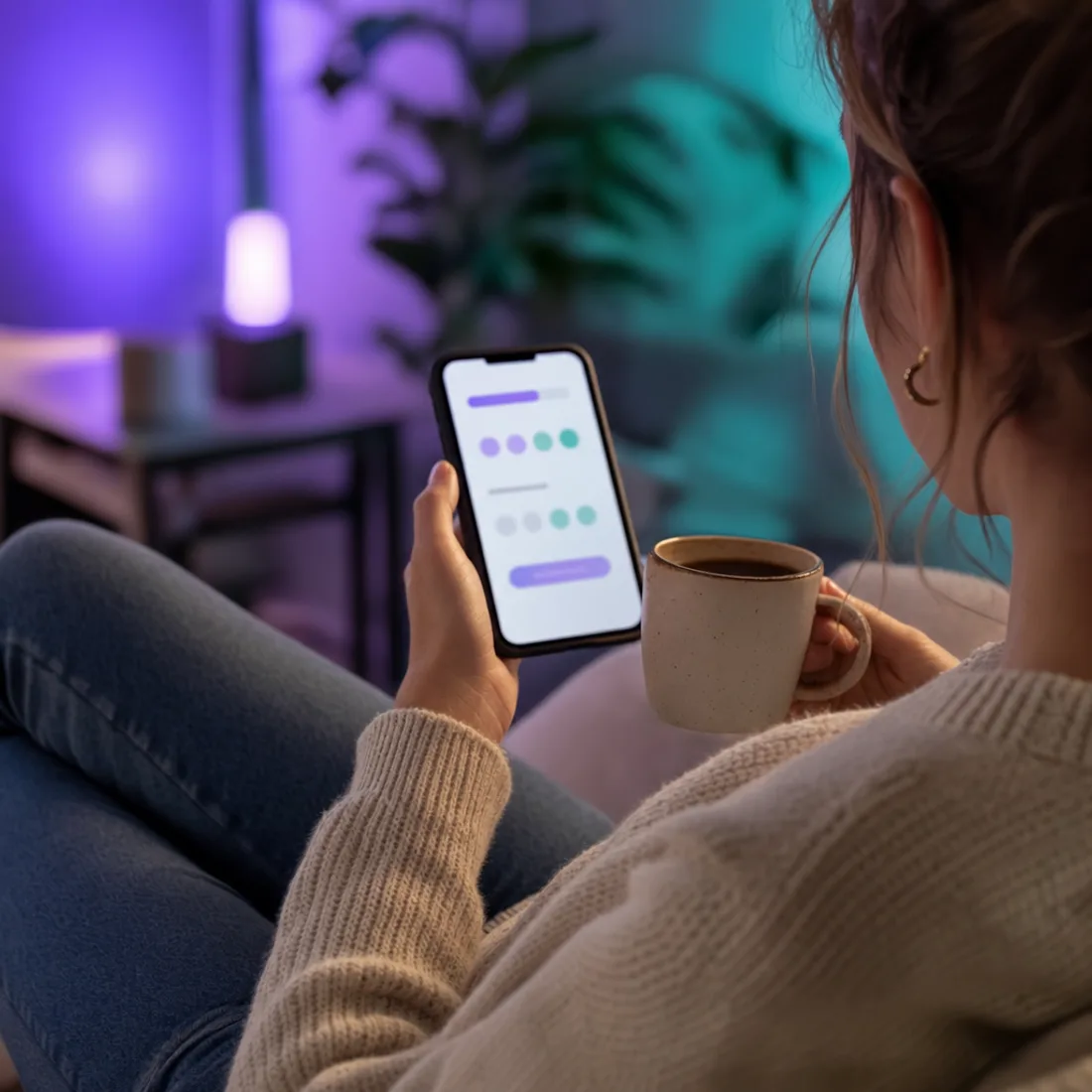 A candidate answering a short personality questionnaire on a phone over coffee.