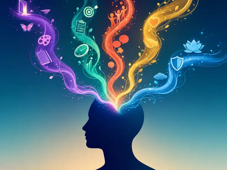 Editorial illustration of the Big Five personality traits — Openness, Conscientiousness, Extraversion, Agreeableness, Negative Emotionality — depicted as five luminous trait ribbons spilling from the mind of an abstract silhouette