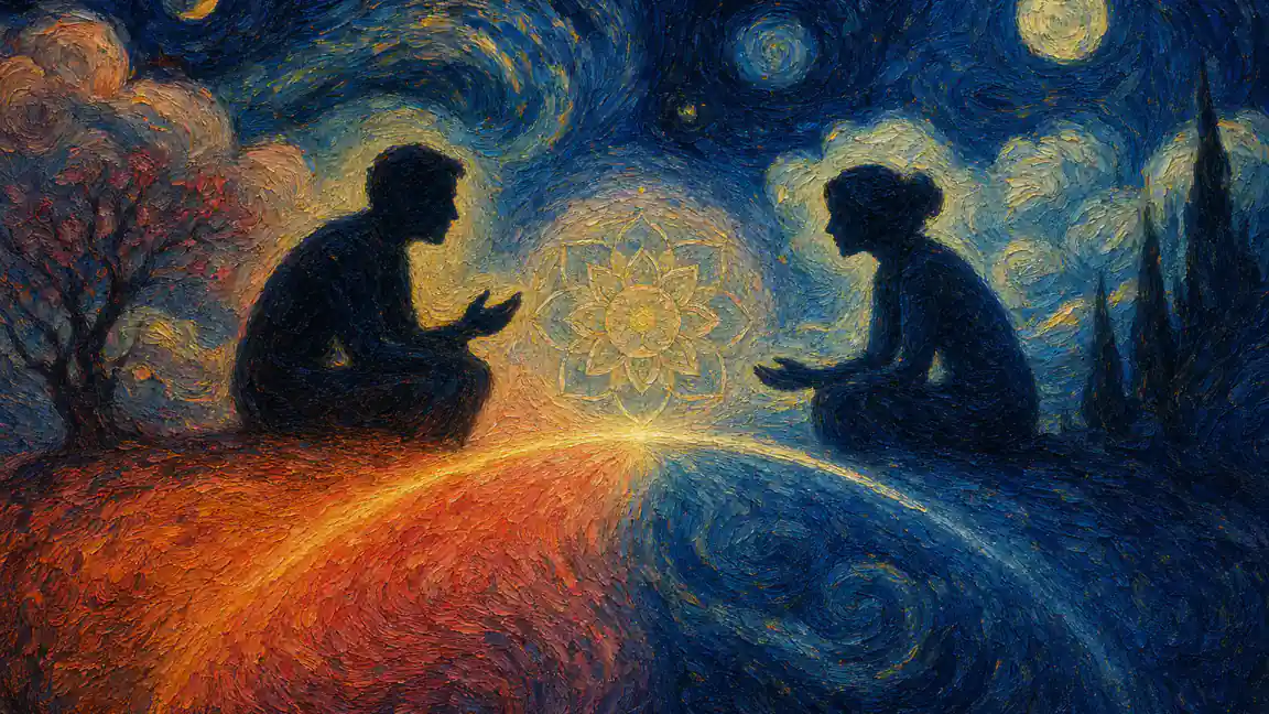 Two figures in calm conversation across a pressure curve - editorial watercolour