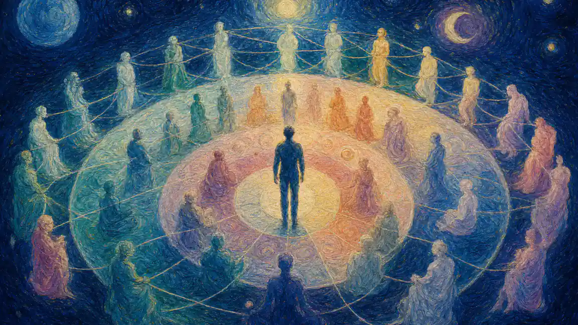 Concentric rings of figures showing alignment and offset - watercolour culture wheel