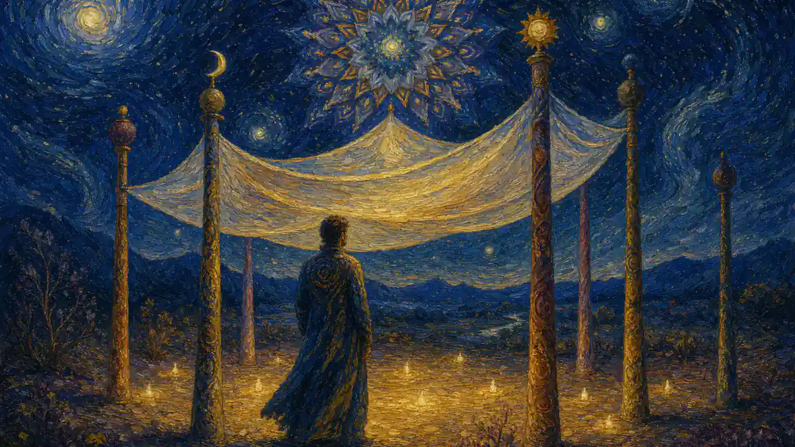Illustrated leadership tent with six poles of varying height — warmly lit canopy