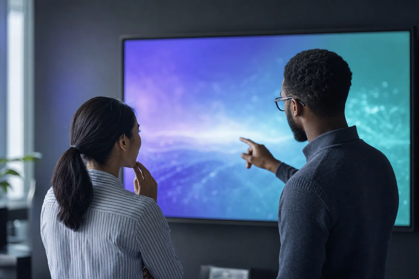 Two colleagues studying a team personality map on a large screen, seen from behind