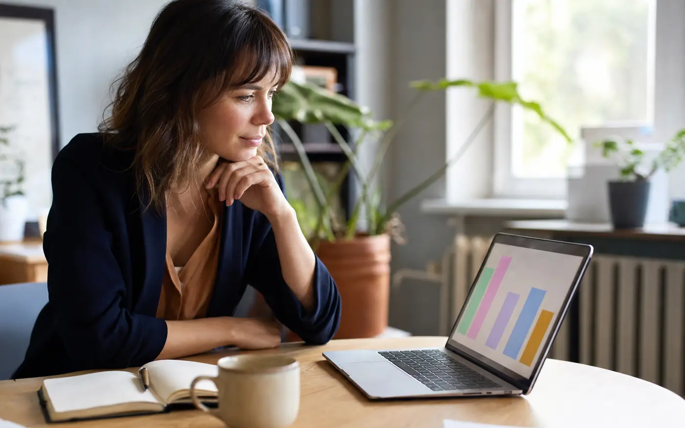 A professional at a bright desk reviewing their work personality test results, a five-colour trait profile on the laptop screen
